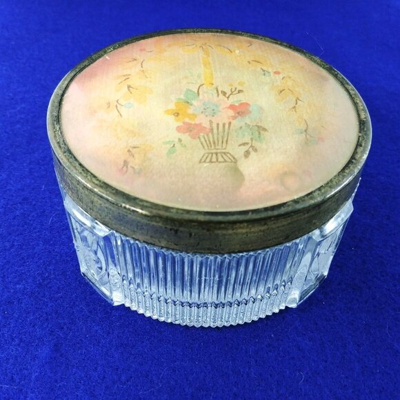 Trinket Powder Vanity Box Collectible Vintage Footed Art Deco Ribbed Glass Tulip - Picture 2 of 4